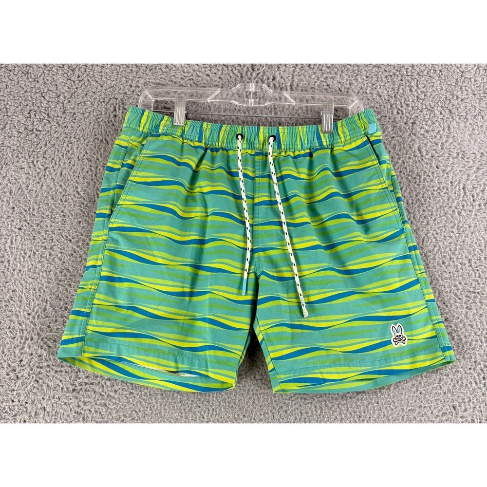 Psycho Bunny Swim Trunks Mens Medium Green Wavy Stripe Drawstring Shorts‎